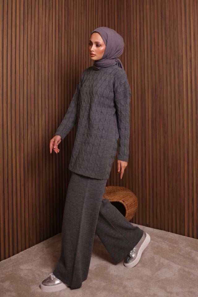 Balenbi Kadın Oversize Saç Örgü Desen Pantolonlu Tesettür Triko Takım 1135 Standart - Füme