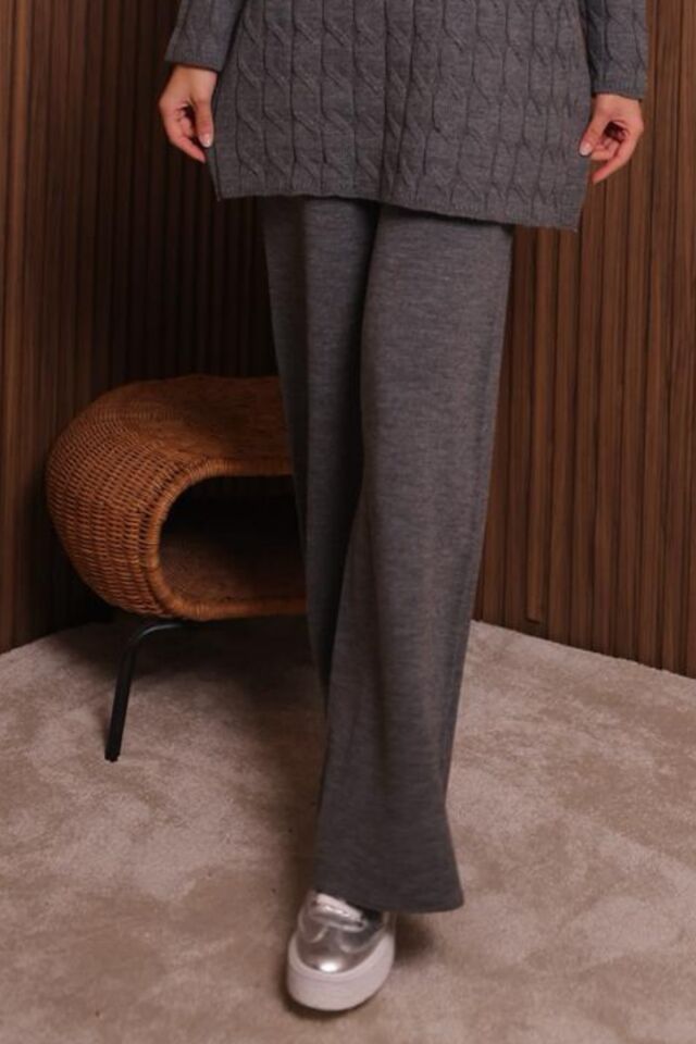 Balenbi Kadın Oversize Saç Örgü Desen Pantolonlu Tesettür Triko Takım 1135 Standart - Füme