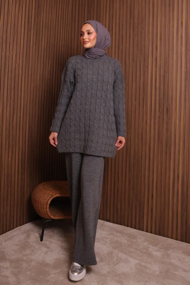 Balenbi Kadın Oversize Saç Örgü Desen Pantolonlu Tesettür Triko Takım 1135 Standart - Füme