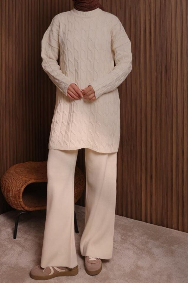 Balenbi Kadın Oversize Saç Örgü Desen Pantolonlu Tesettür Triko Takım 1135 Krem - Standart