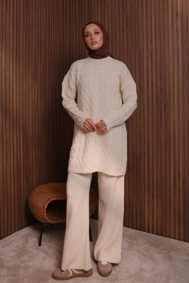Balenbi Kadın Oversize Saç Örgü Desen Pantolonlu Tesettür Triko Takım 1135 Krem - Standart