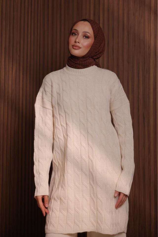 Balenbi Kadın Oversize Saç Örgü Desen Pantolonlu Tesettür Triko Takım 1135 Standart - Krem