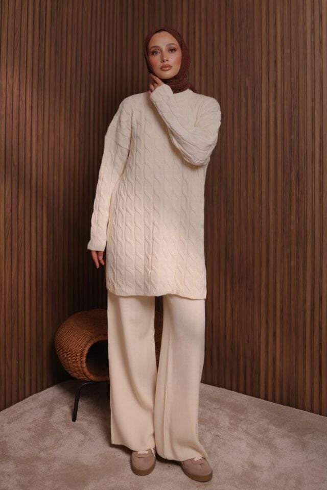 Balenbi Kadın Oversize Saç Örgü Desen Pantolonlu Tesettür Triko Takım 1135 Standart - Krem