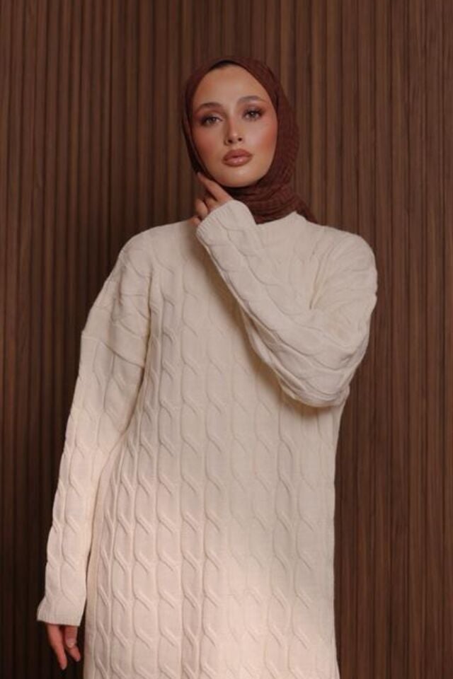 Balenbi Kadın Oversize Saç Örgü Desen Pantolonlu Tesettür Triko Takım 1135 Standart - Krem