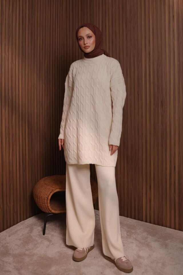 Balenbi Kadın Oversize Saç Örgü Desen Pantolonlu Tesettür Triko Takım 1135 Standart - Krem