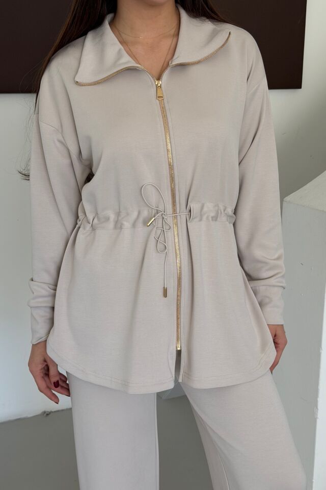 Balenbi Oversize Fermuarlı Beli Bağcıklı Polo Yaka Modal Kadın Takım 1196 - Form Serisi XL - Taş