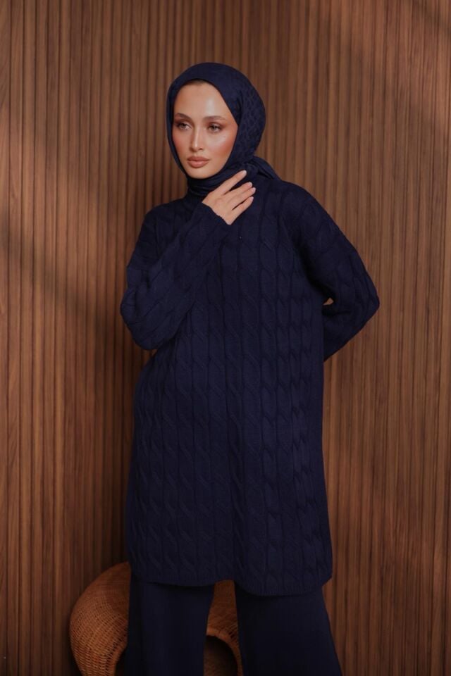 Balenbi Kadın Oversize Saç Örgü Desen Pantolonlu Tesettür Triko Takım 1135 Standart - Lacivert