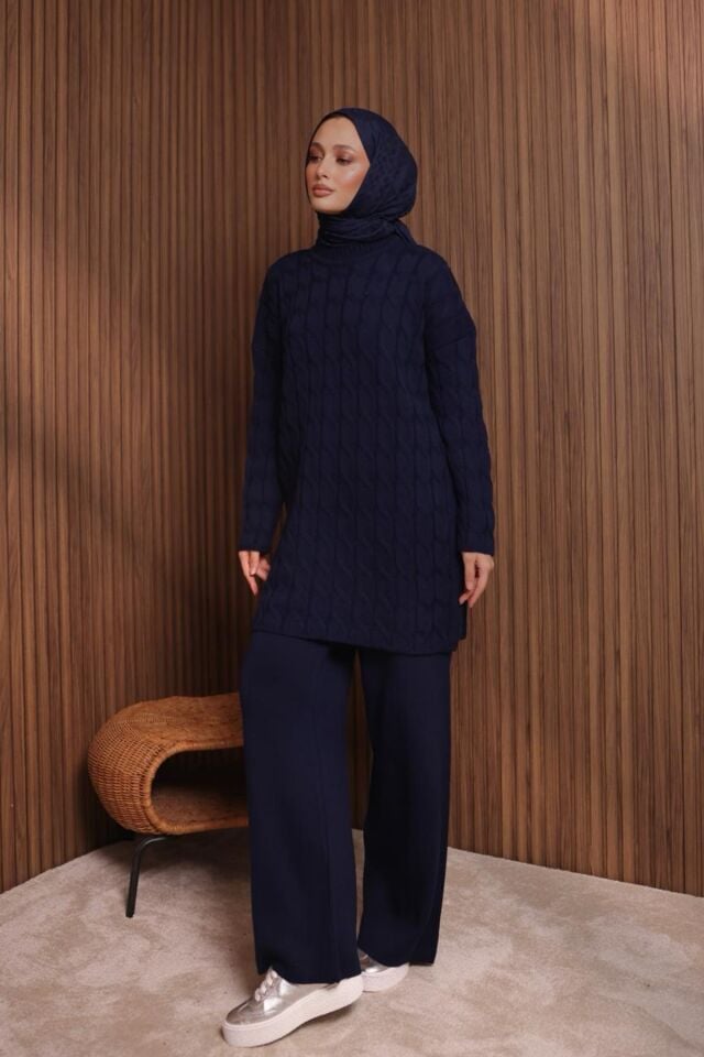 Balenbi Kadın Oversize Saç Örgü Desen Pantolonlu Tesettür Triko Takım 1135 Standart - Lacivert