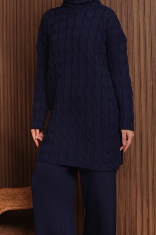 Balenbi Kadın Oversize Saç Örgü Desen Pantolonlu Tesettür Triko Takım 1135 Standart - Lacivert