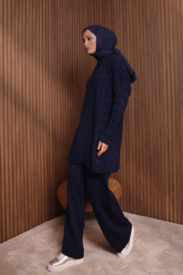 Balenbi Kadın Oversize Saç Örgü Desen Pantolonlu Tesettür Triko Takım 1135 Standart - Lacivert