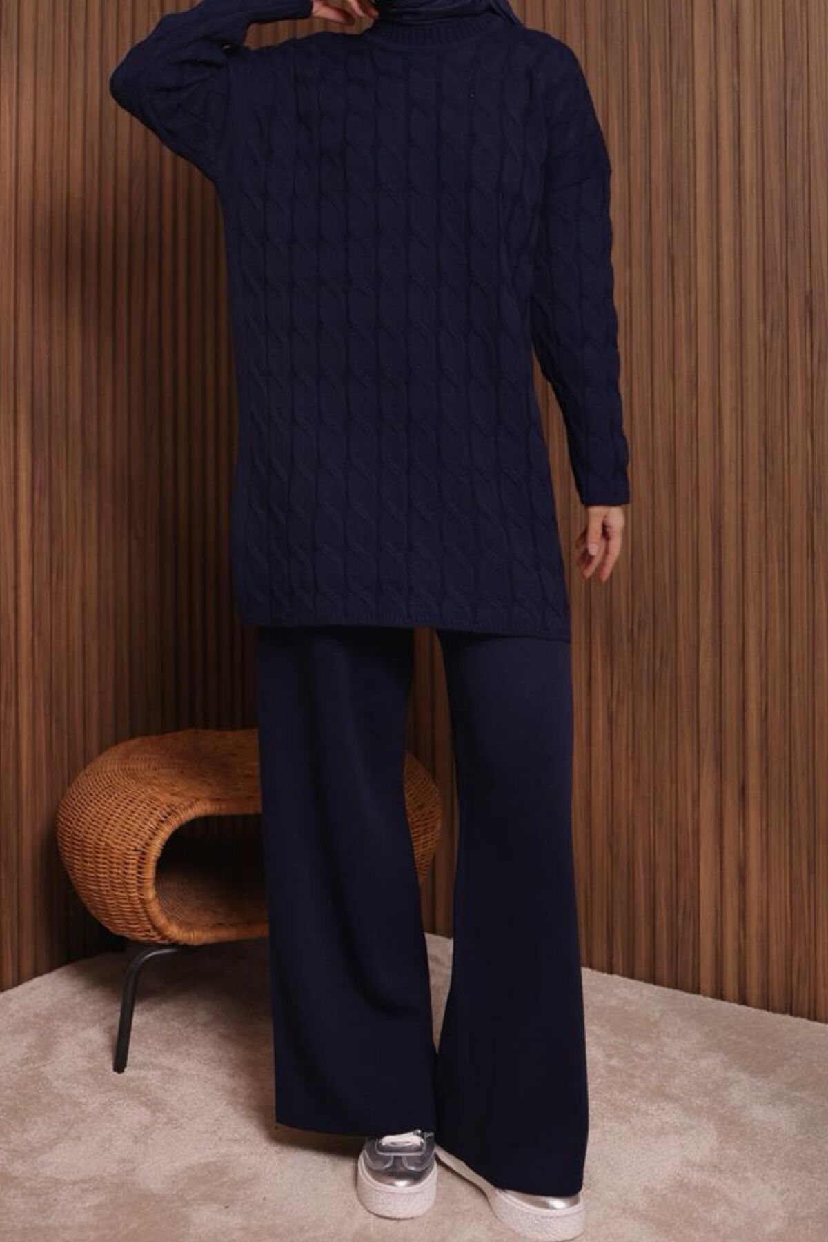 Balenbi Kadın Oversize Saç Örgü Desen Pantolonlu Tesettür Triko Takım 1135 Standart - Lacivert