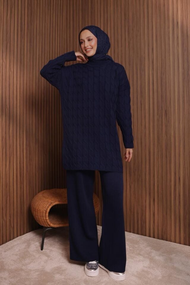 Balenbi Kadın Oversize Saç Örgü Desen Pantolonlu Tesettür Triko Takım 1135 Lacivert - Standart