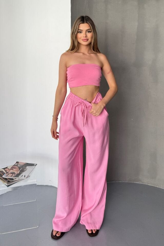 Feela Moda Kadın Modal Dokuma Beli Lastikli Palazzo Pantolon 2016 40 - Pembe