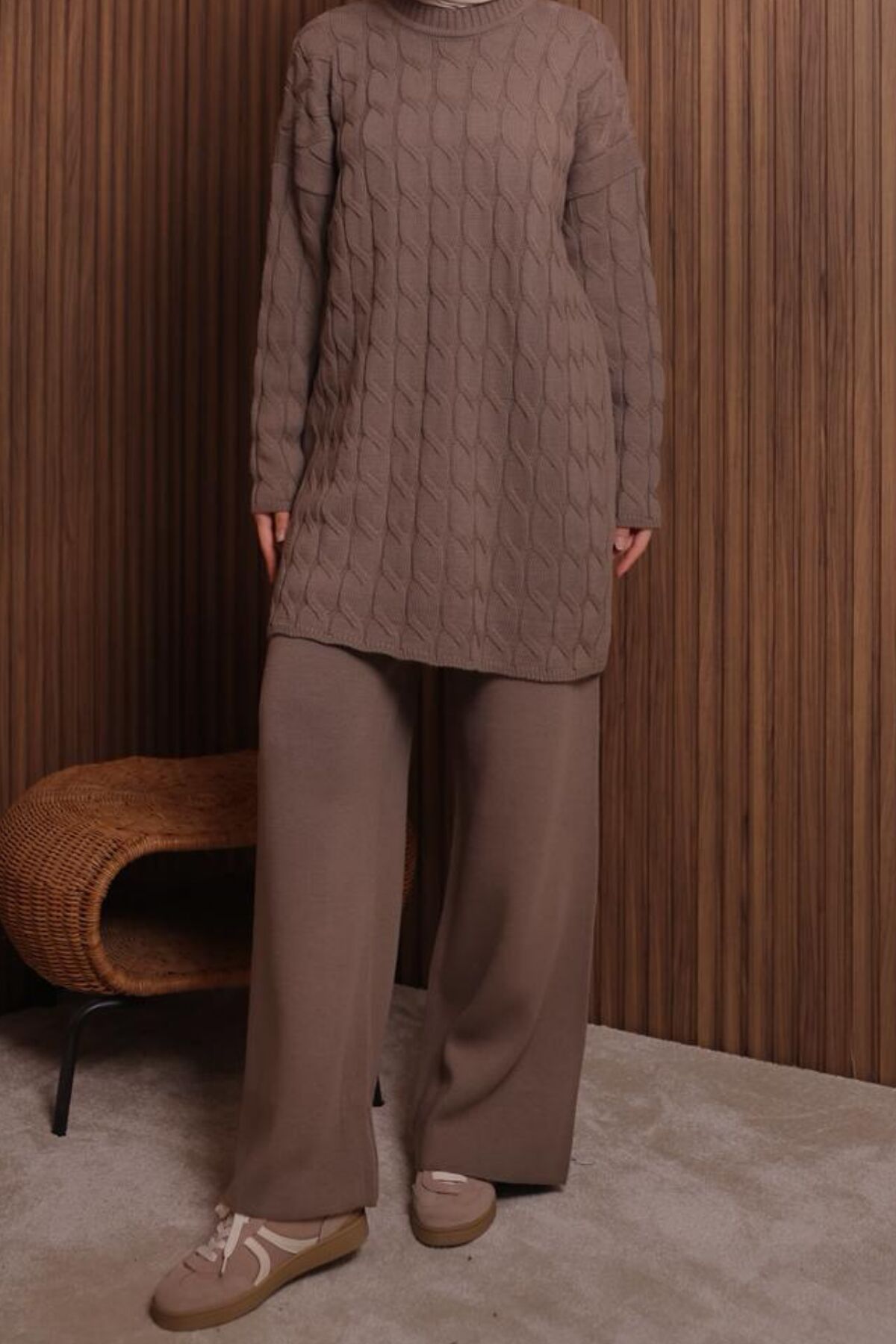 Balenbi Kadın Oversize Saç Örgü Desen Pantolonlu Tesettür Triko Takım 1135 Standart - Toprak