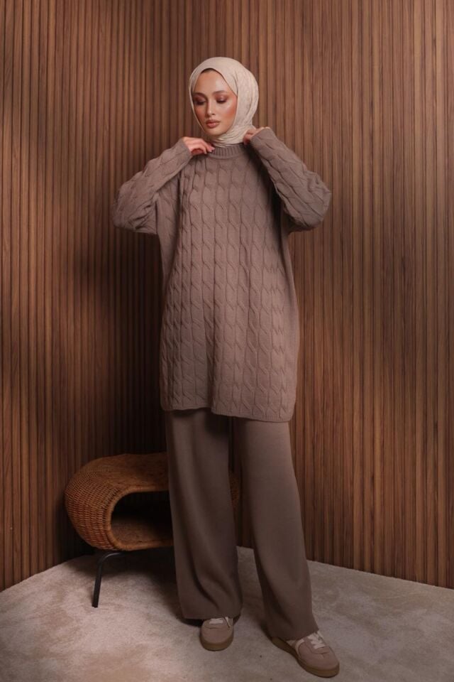 Balenbi Kadın Oversize Saç Örgü Desen Pantolonlu Tesettür Triko Takım 1135 Toprak - Standart