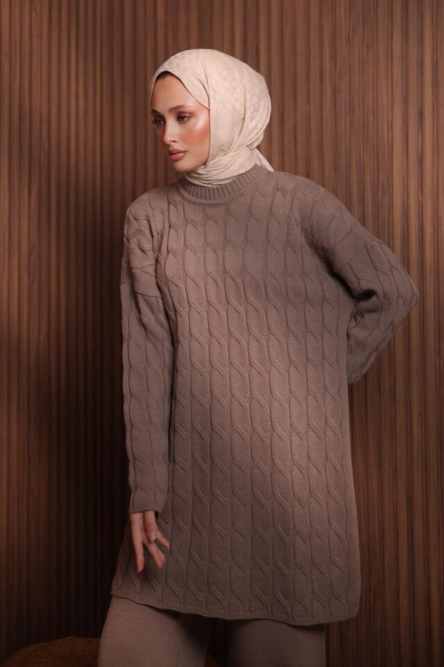 Balenbi Kadın Oversize Saç Örgü Desen Pantolonlu Tesettür Triko Takım 1135 Standart - Toprak