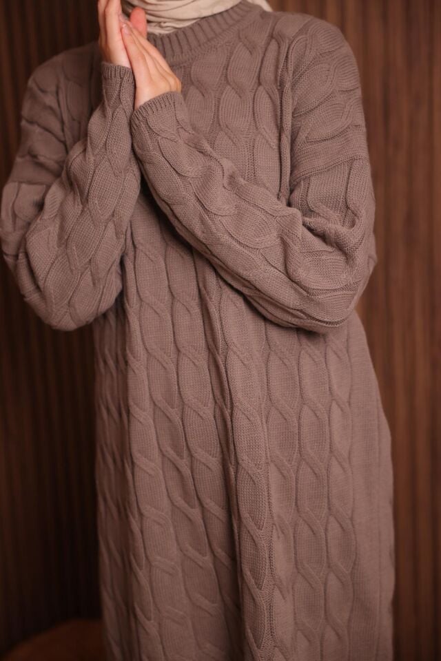 Balenbi Kadın Oversize Saç Örgü Desen Pantolonlu Tesettür Triko Takım 1135 Standart - Toprak