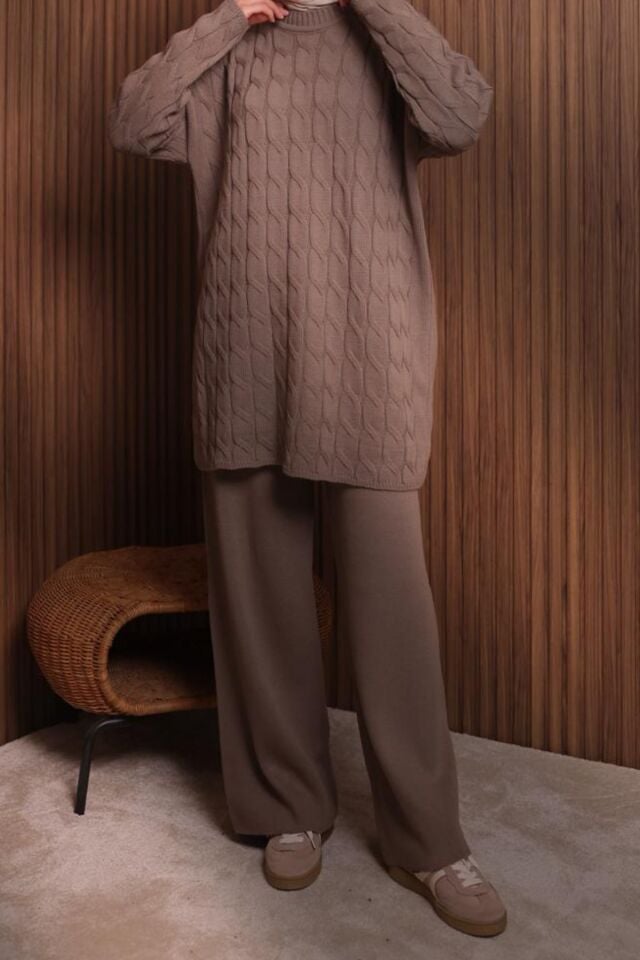 Balenbi Kadın Oversize Saç Örgü Desen Pantolonlu Tesettür Triko Takım 1135 Standart - Toprak