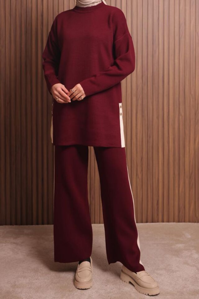 Balenbi Kadın Oversize Düz Dokuma Yırtmaçlı Tesettür Triko Takım 1136 Bordo - Standart