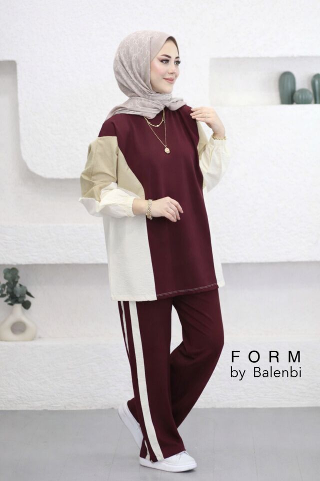 Balenbi Oversize Çift Garni Detaylı Şeritli Modal Tesettür Kadın Takım 1198 - Form Serisi S/M - Bordo