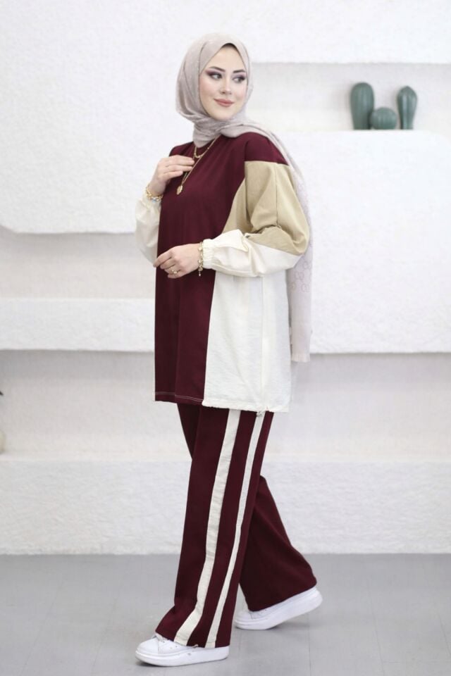 Balenbi Oversize Çift Garni Detaylı Şeritli Modal Tesettür Kadın Takım 1198 - Form Serisi S/M - Bordo