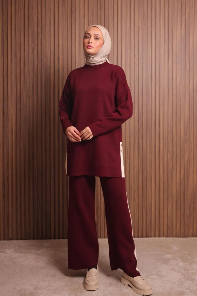 Balenbi Kadın Oversize Düz Dokuma Yırtmaçlı Tesettür Triko Takım 1136 Standart - Bordo