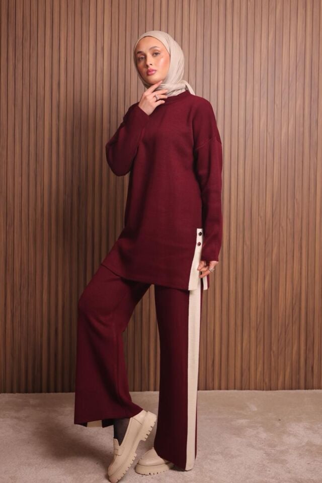 Balenbi Kadın Oversize Düz Dokuma Yırtmaçlı Tesettür Triko Takım 1136 Standart - Bordo