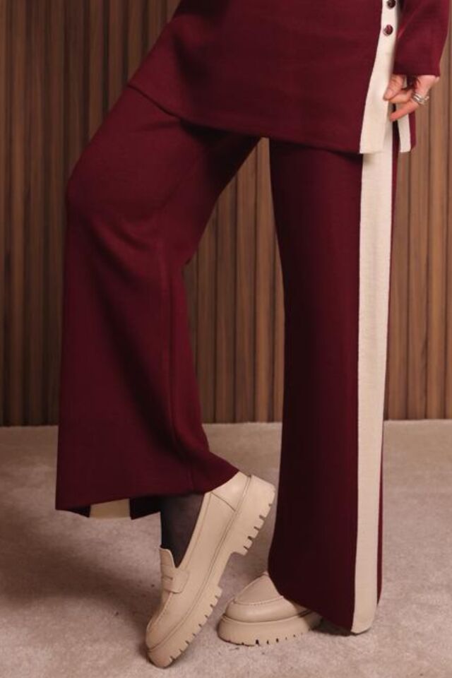 Balenbi Kadın Oversize Düz Dokuma Yırtmaçlı Tesettür Triko Takım 1136 Standart - Bordo