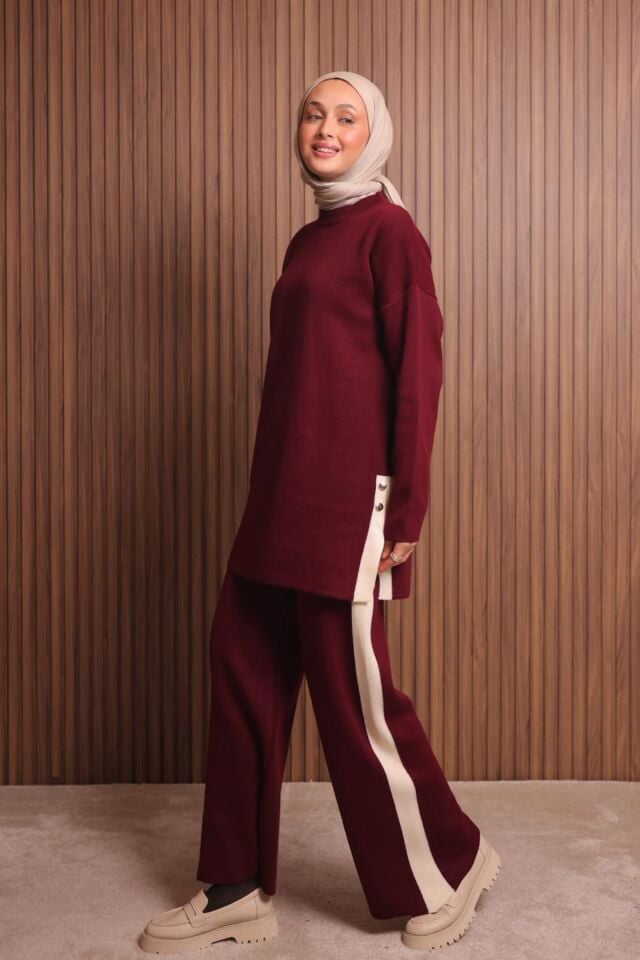 Balenbi Kadın Oversize Düz Dokuma Yırtmaçlı Tesettür Triko Takım 1136 Standart - Bordo