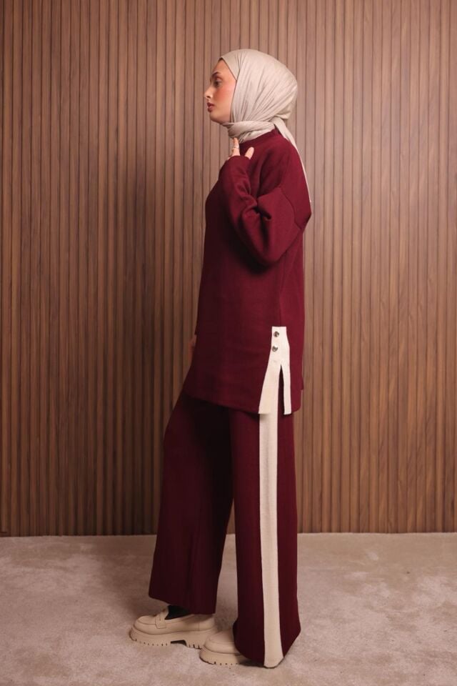 Balenbi Kadın Oversize Düz Dokuma Yırtmaçlı Tesettür Triko Takım 1136 Standart - Bordo