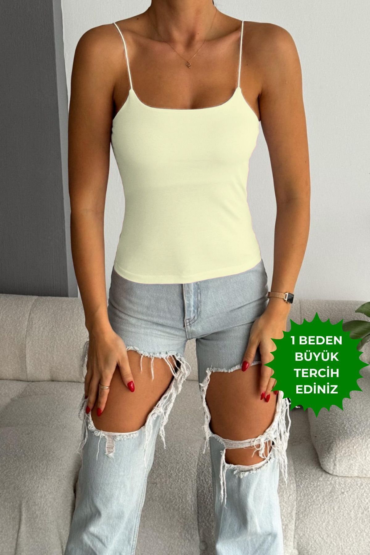 Balenbi Kadın Basic Ip Askılı Uzun Penye Body 1067 S - Ekru