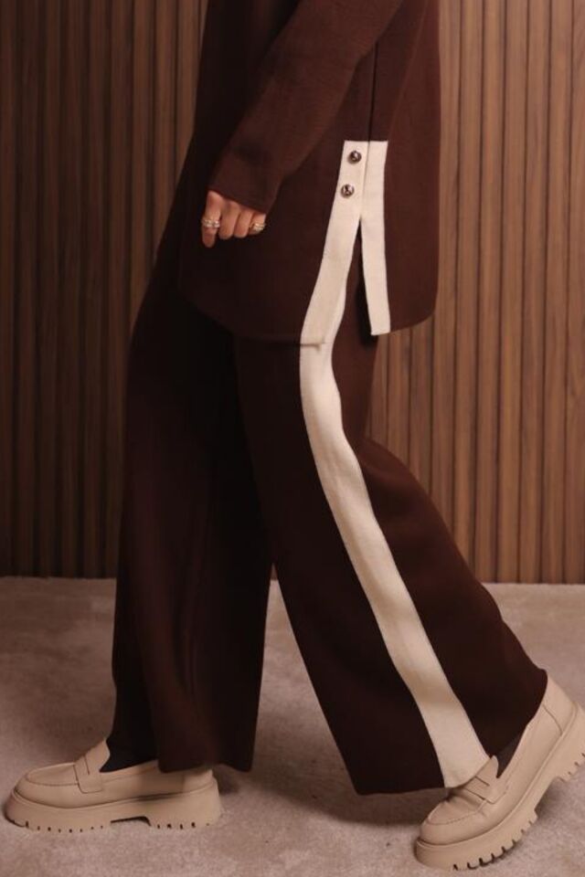 Balenbi Kadın Oversize Düz Dokuma Yırtmaçlı Tesettür Triko Takım 1136 Standart - Kahverengi