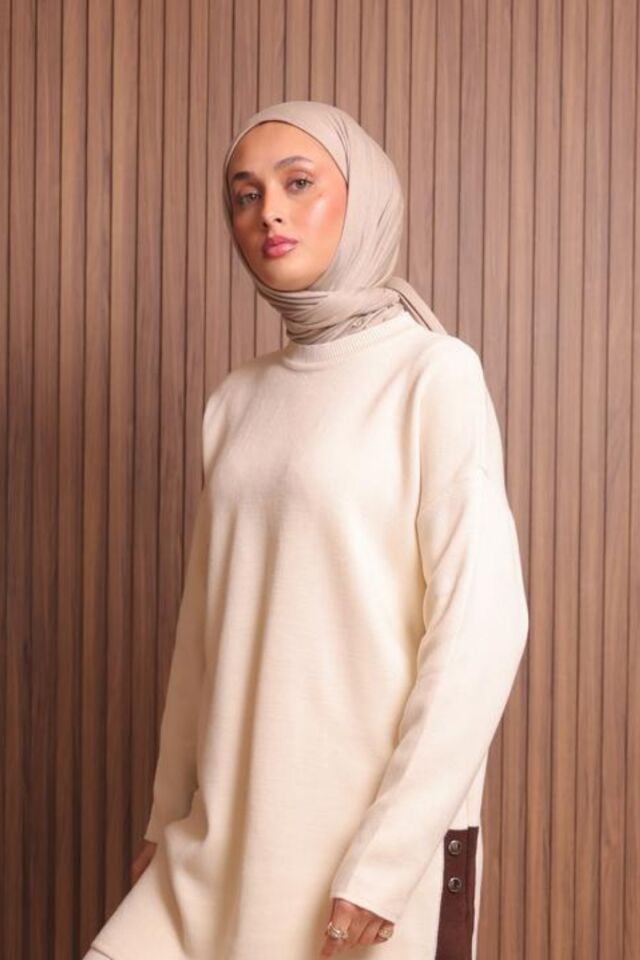 Balenbi Kadın Oversize Düz Dokuma Yırtmaçlı Tesettür Triko Takım 1136 Standart - Krem