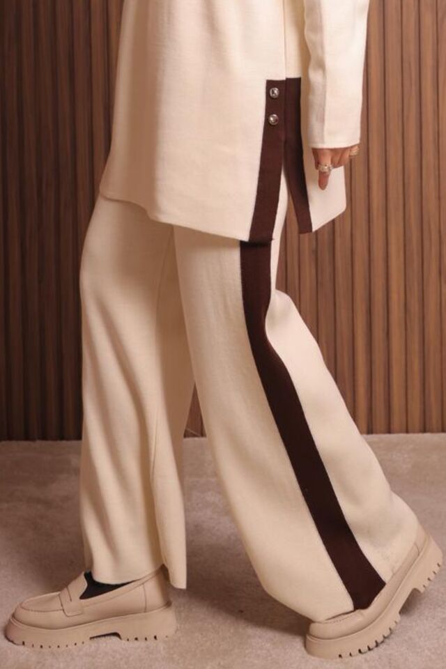 Balenbi Kadın Oversize Düz Dokuma Yırtmaçlı Tesettür Triko Takım 1136 Standart - Krem