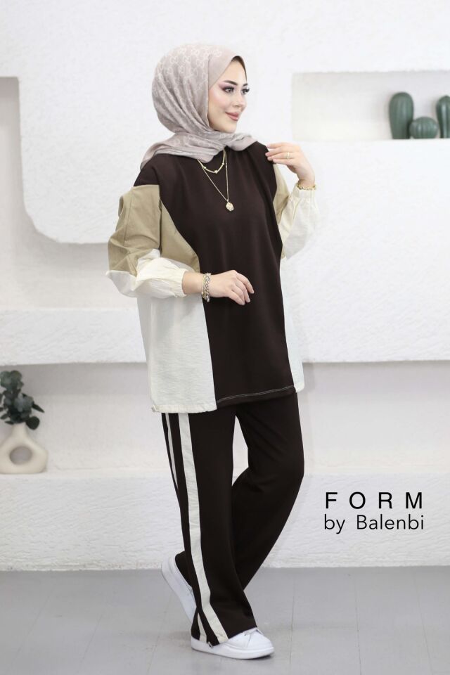 Balenbi Oversize Çift Garni Detaylı Şeritli Modal Tesettür Kadın Takım 1198 - Form Serisi S/M - Kahverengi