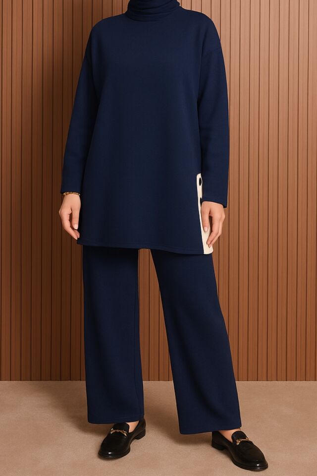 Balenbi Kadın Oversize Düz Dokuma Yırtmaçlı Tesettür Triko Takım 1136 Lacivert - Standart