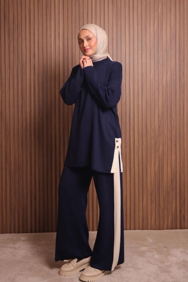 Balenbi Kadın Oversize Düz Dokuma Yırtmaçlı Tesettür Triko Takım 1136 Standart - Lacivert
