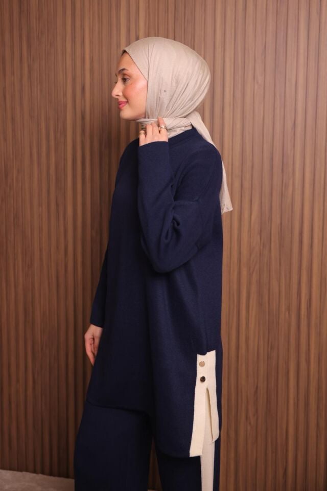 Balenbi Kadın Oversize Düz Dokuma Yırtmaçlı Tesettür Triko Takım 1136 Standart - Lacivert