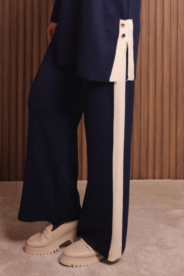 Balenbi Kadın Oversize Düz Dokuma Yırtmaçlı Tesettür Triko Takım 1136 Standart - Lacivert