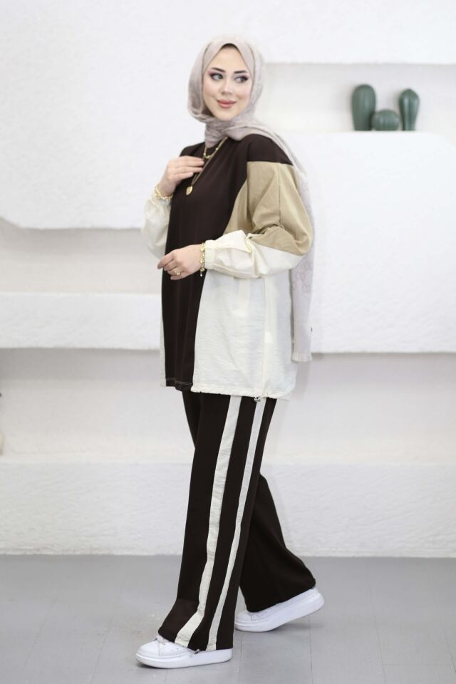 Balenbi Oversize Çift Garni Detaylı Şeritli Modal Tesettür Kadın Takım 1198 - Form Serisi S/M - Kahverengi