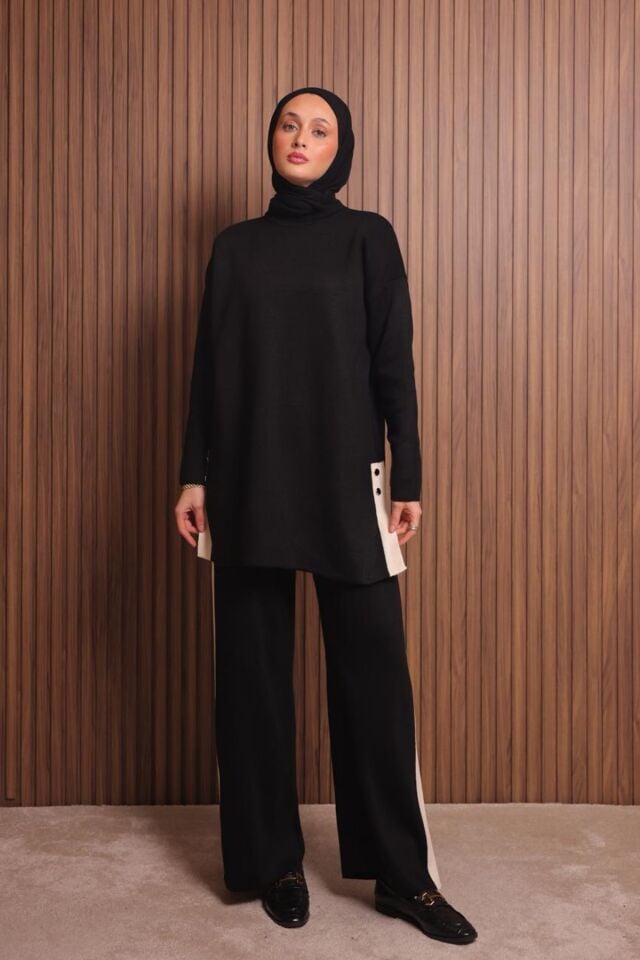 Balenbi Kadın Oversize Düz Dokuma Yırtmaçlı Tesettür Triko Takım 1136 Siyah - Standart