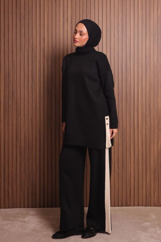 Balenbi Kadın Oversize Düz Dokuma Yırtmaçlı Tesettür Triko Takım 1136 Standart - Siyah