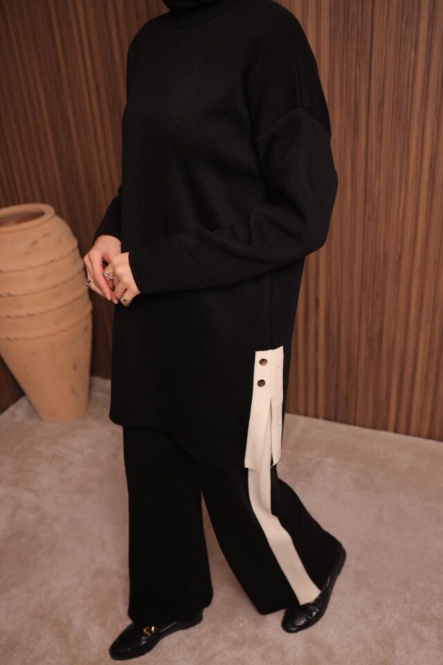 Balenbi Kadın Oversize Düz Dokuma Yırtmaçlı Tesettür Triko Takım 1136 Standart - Siyah