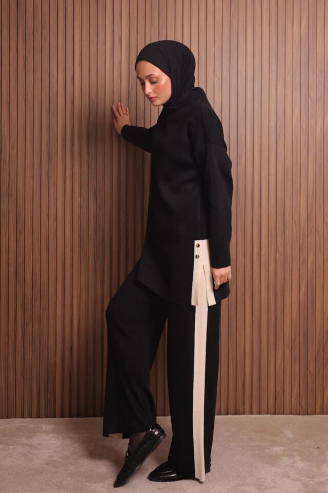 Balenbi Kadın Oversize Düz Dokuma Yırtmaçlı Tesettür Triko Takım 1136 Standart - Siyah