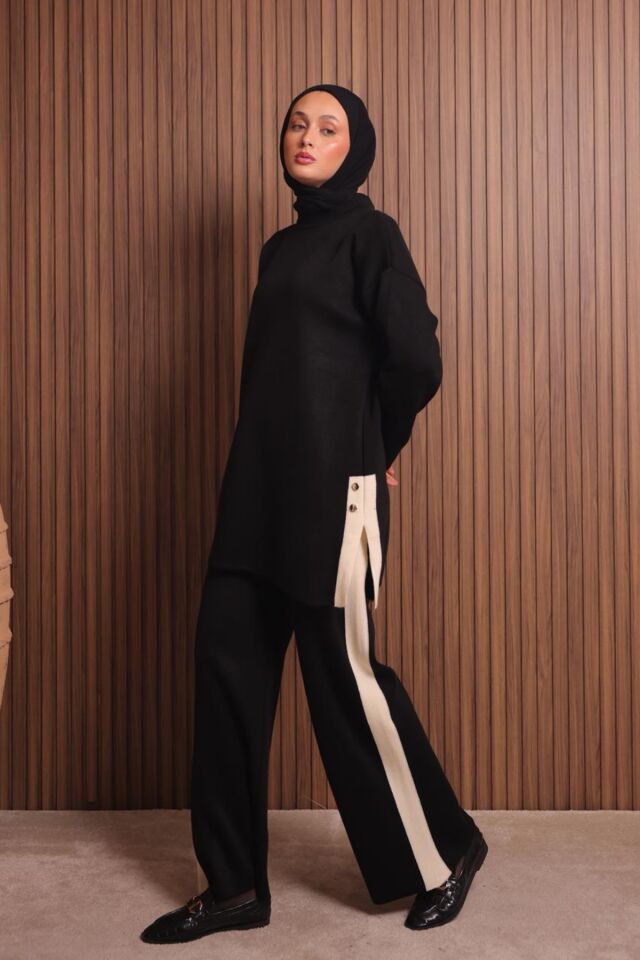 Balenbi Kadın Oversize Düz Dokuma Yırtmaçlı Tesettür Triko Takım 1136 Standart - Siyah