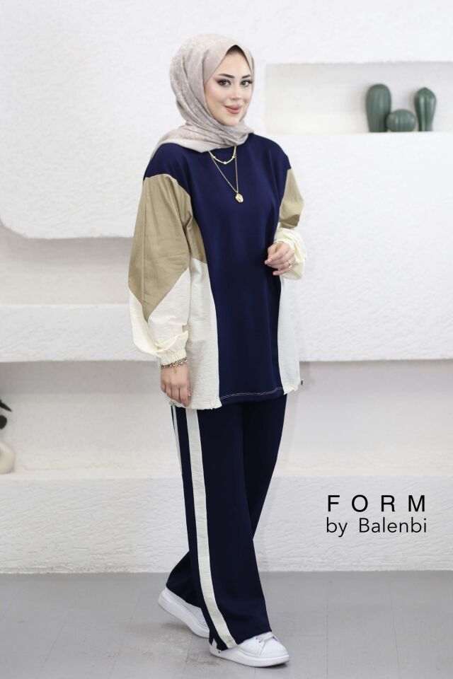 Balenbi Oversize Çift Garni Detaylı Şeritli Modal Tesettür Kadın Takım 1198 - Form Serisi S/M - Lacivert