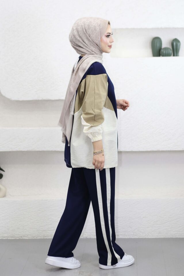 Balenbi Oversize Çift Garni Detaylı Şeritli Modal Tesettür Kadın Takım 1198 - Form Serisi S/M - Lacivert