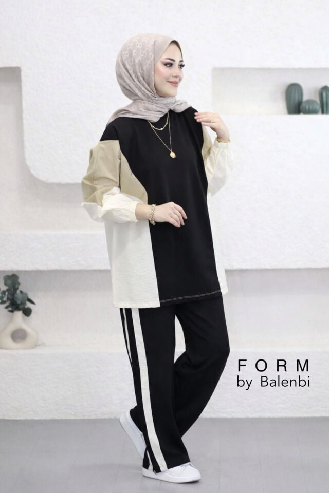Balenbi Oversize Çift Garni Detaylı Şeritli Modal Tesettür Kadın Takım 1198 - Form Serisi S/M - Siyah