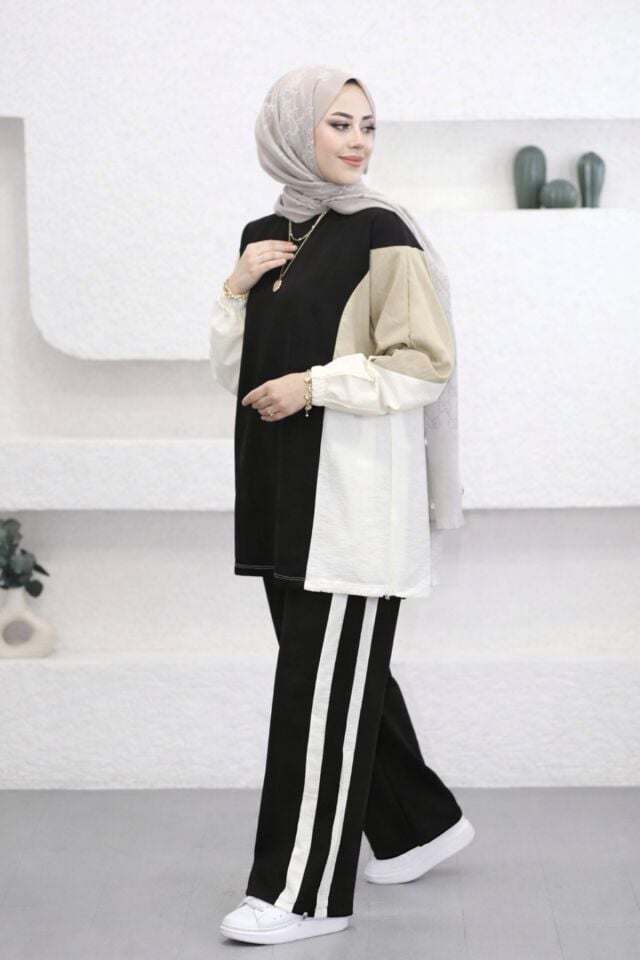 Balenbi Oversize Çift Garni Detaylı Şeritli Modal Tesettür Kadın Takım 1198 - Form Serisi S/M - Siyah