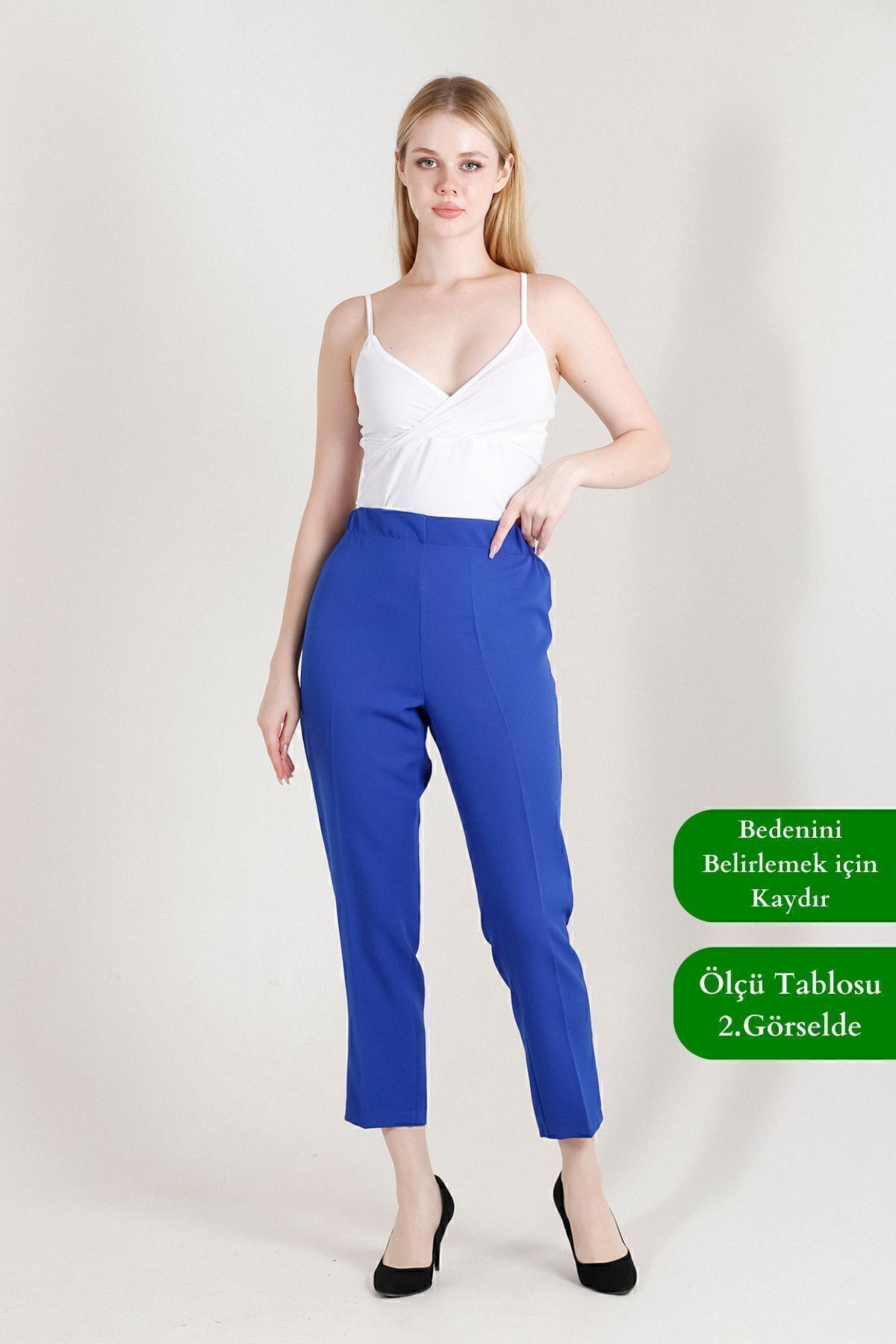 Balenbi Havuç Paça Yüksek Bel Likralı Dokuma Kadın Pantolon 1005 36 - Saks Mavisi